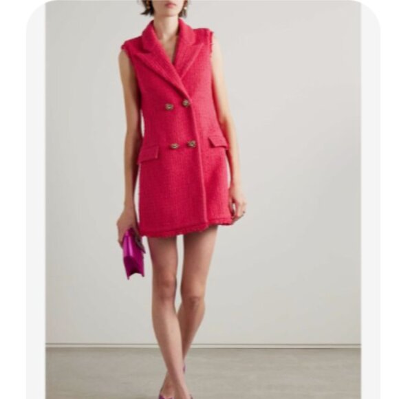 New Oscar de la Renta Red Button-embellished Frayed Wool-blend Tweed Mini Dress - Picture 5 of 17
